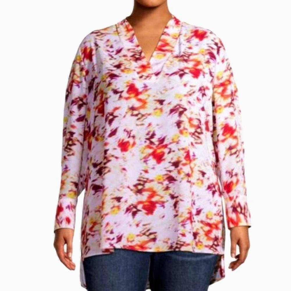 Terra & Sky Womens 2X Tunic Top Plus Size Multi Color Long Sleeve V Neck NWT